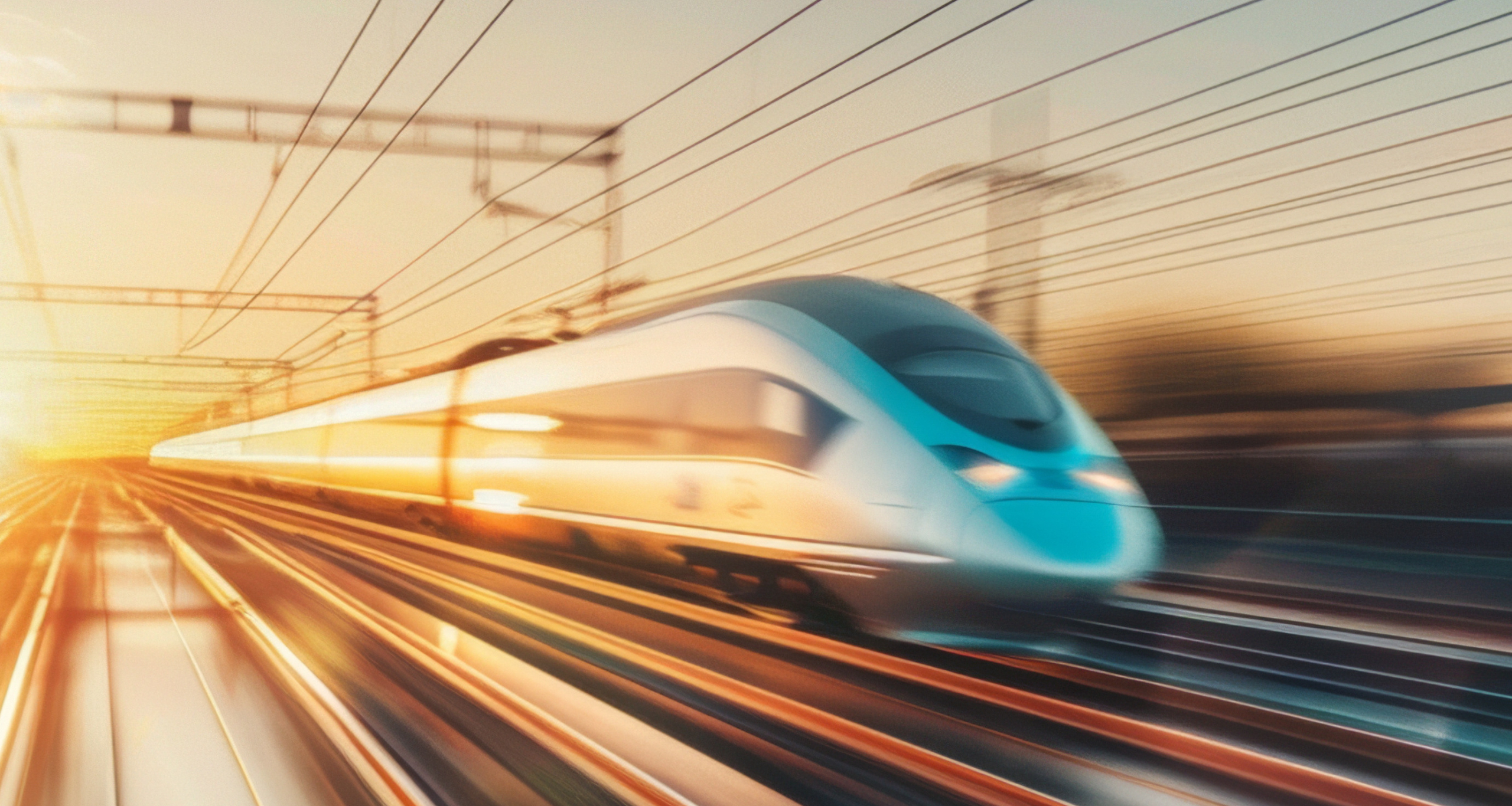 High-speed train blurring by, with motion blur signaling swift travel at dusk.